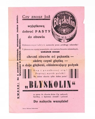 STARA REKLAMA - PASTA DO OBUWIA BŁYSKOLIN, POZNAŃ II RP
