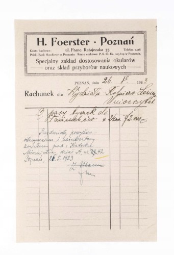 STARY RACHUNEK - ZAKŁAD DOSTOSOWANIA OKULARÓW H. FOERSTER, POZNAŃ 1923
