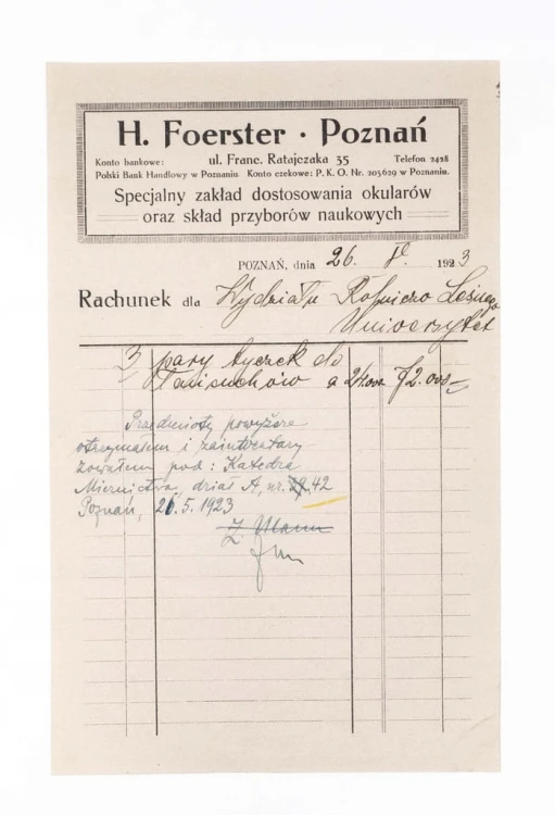 STARY RACHUNEK - ZAKŁAD DOSTOSOWANIA OKULARÓW H. FOERSTER, POZNAŃ 1923