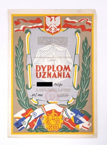 DYPLOM UZNANIA ZA ZASŁUGI W ROZWOJU KULTURY FIZYCZNEJ I SPORTU, POZNAŃ 1956