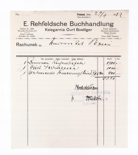 STARY RACHUNEK - KSIĘGARNIA CURT BOETTGER, POZNAŃ 1922