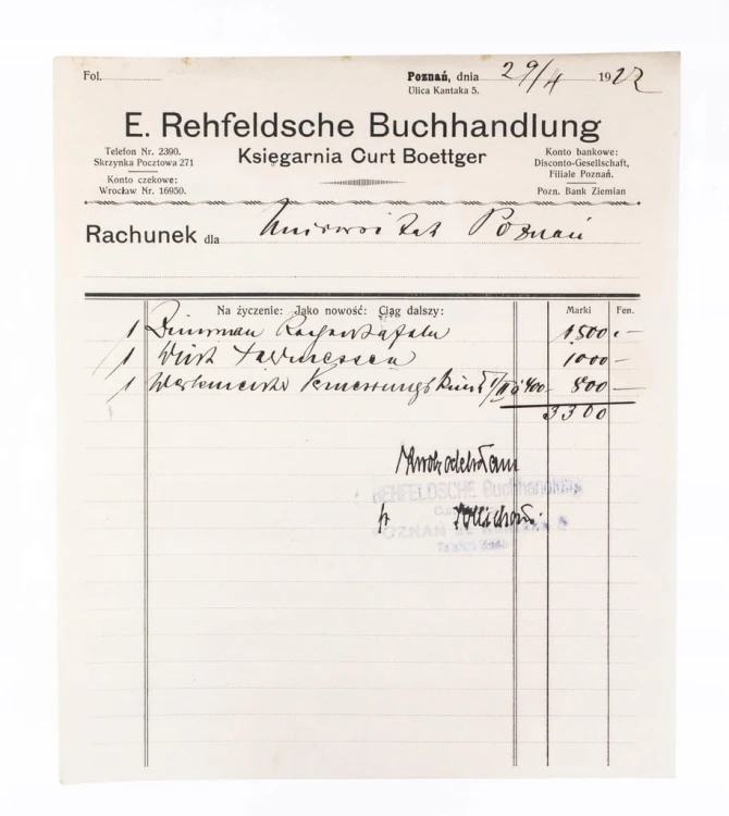 STARY RACHUNEK - KSIĘGARNIA CURT BOETTGER, POZNAŃ 1922