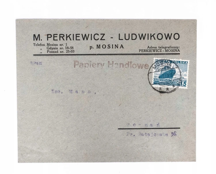 KOPERTA LISTOWA - CEGIELNIA I TARTAK M. PERKIEWICZ, LUDWIKOWO / MOSINA 1937