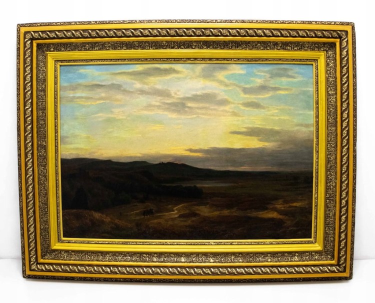 STARY MALOWANY OBRAZ - WĘDROWIEC O ZACHODZIE SŁOŃCA, SYGNOWANIE 1857