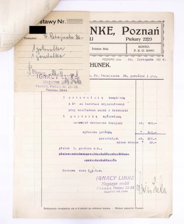 STARY RACHUNEK - MAGAZYN MEBLI IGNACY LINKE, POZNAŃ 1926