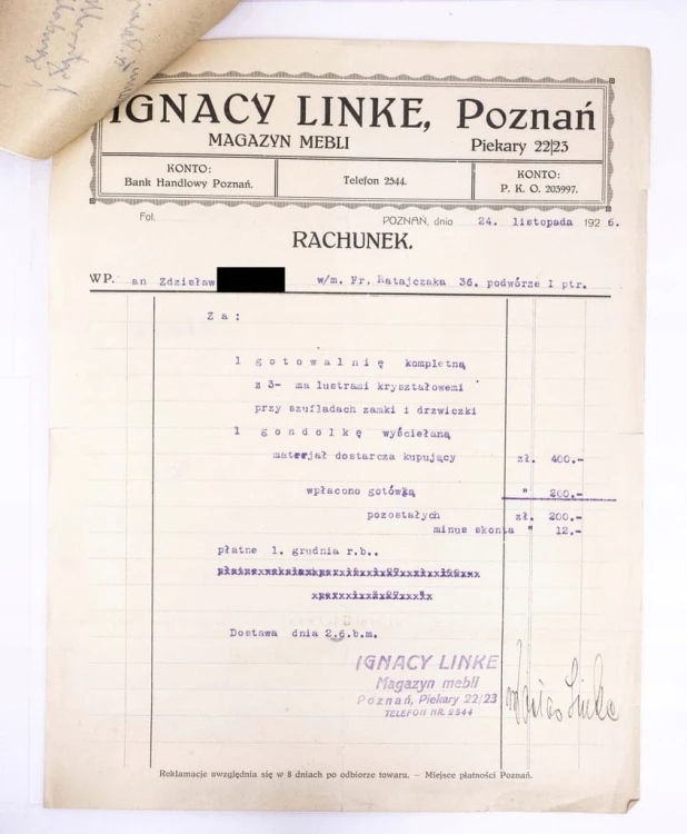 STARY RACHUNEK - MAGAZYN MEBLI IGNACY LINKE, POZNAŃ 1926