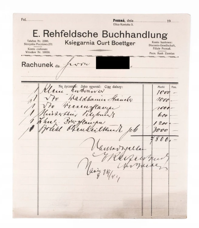 STARY RACHUNEK - KSIĘGARNIA CURT BOETTGER, POZNAŃ l. 20