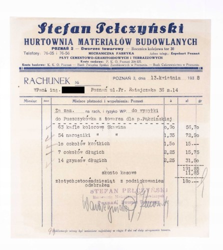 STARY RACHUNEK - MATERIAŁY BUDOWLANE PEŁCZYŃSKI, POZNAŃ / PUSZCZYKÓWKO 1938
