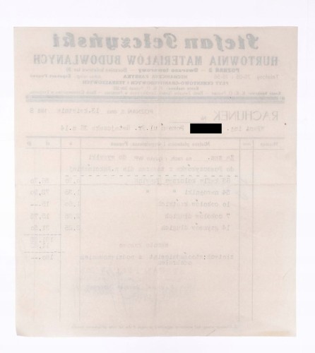 STARY RACHUNEK - MATERIAŁY BUDOWLANE PEŁCZYŃSKI, POZNAŃ / PUSZCZYKÓWKO 1938