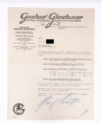 STARY RACHUNEK - MATERIAŁY BUDOWLANE GUSTAW GLAETZNER, POZNAŃ 1936