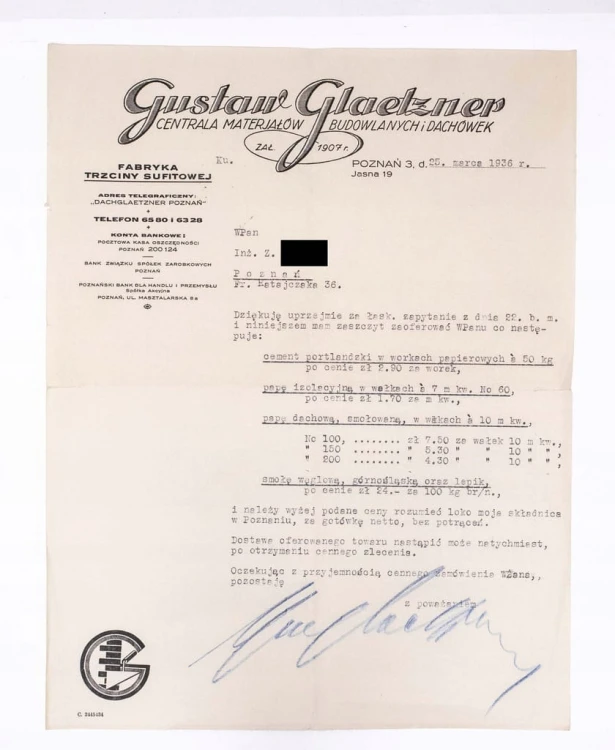 STARY RACHUNEK - MATERIAŁY BUDOWLANE GUSTAW GLAETZNER, POZNAŃ 1936