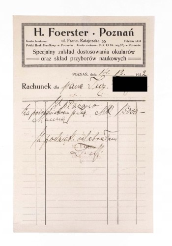 STARY RACHUNEK - ZAKŁAD DOSTOSOWANIA OKULARÓW H. FOERSTER, POZNAŃ 1922