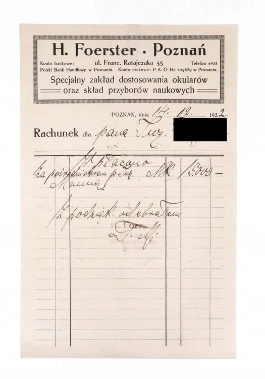 STARY RACHUNEK - ZAKŁAD DOSTOSOWANIA OKULARÓW H. FOERSTER, POZNAŃ 1922