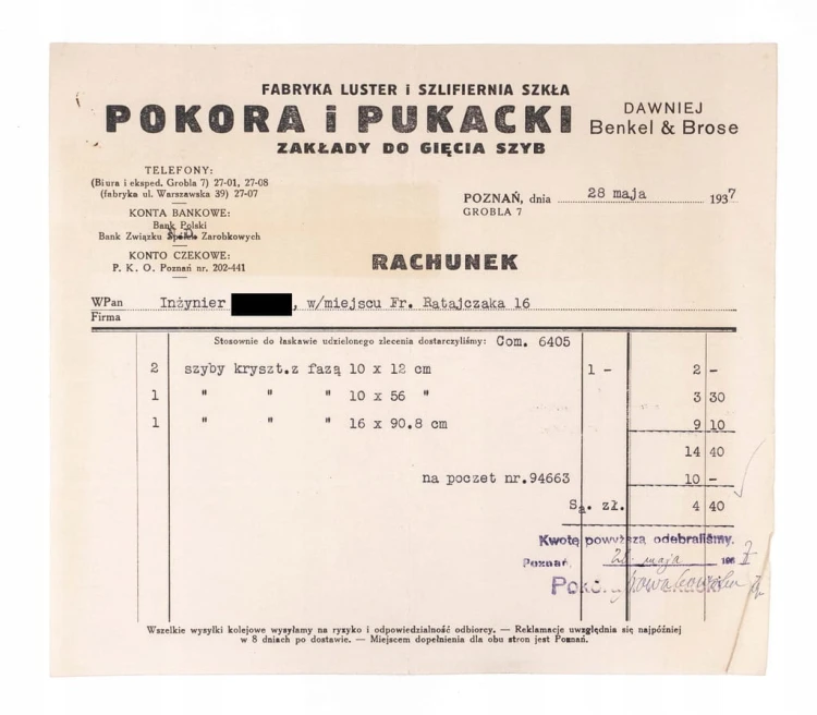 STARY RACHUNEK - FABRYKA LUSTER I SZKŁA, POKORA I PUKACJI, POZNAŃ 1937