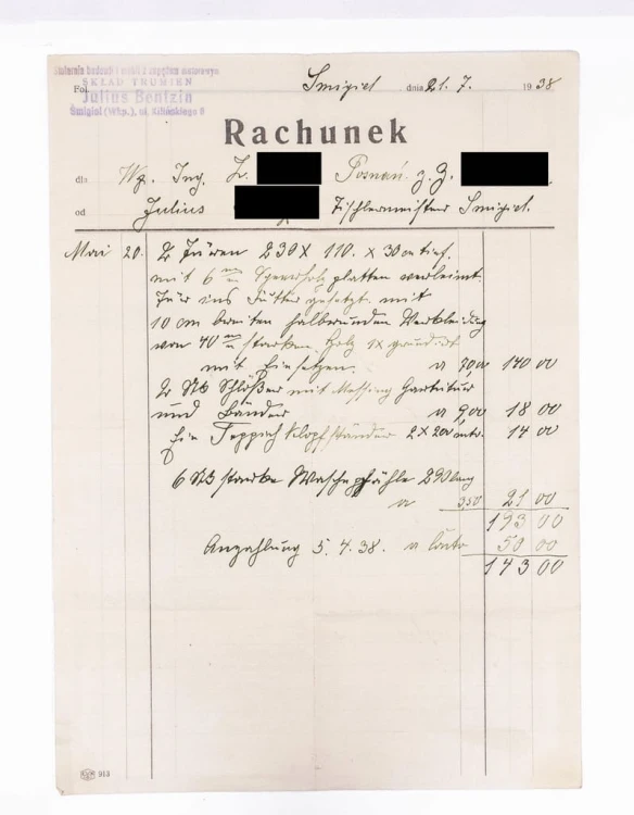 STARY RACHUNEK - SKŁAD TRUMIEN JULIUS BENTZIN, ŚMIGIEL 1938