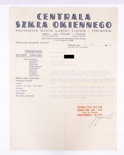 STARY RACHUNEK - CENTRALA SZKŁA OKIENNEGO JAN JÓŹWIAK, POZNAŃ 1937