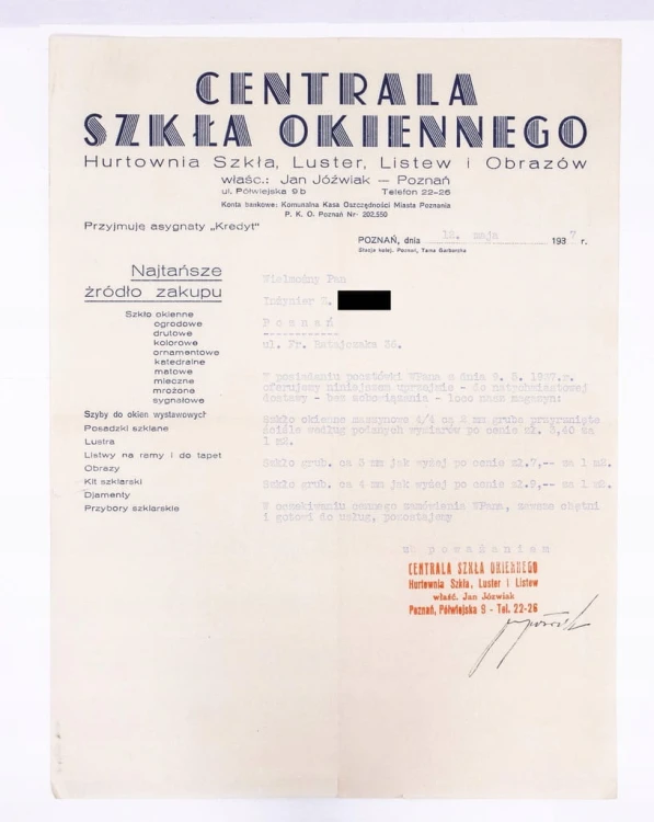 STARY RACHUNEK - CENTRALA SZKŁA OKIENNEGO JAN JÓŹWIAK, POZNAŃ 1937