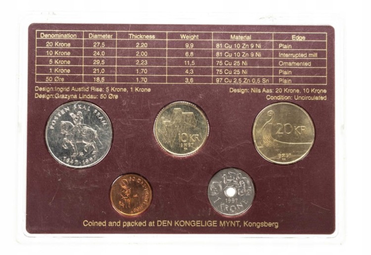 Norwegia, zestaw monet obiegowych 1997