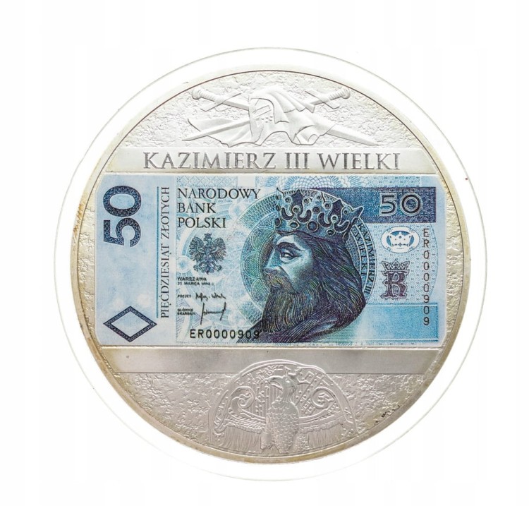 MEDAL POLSCY WŁADCY NA BANKNOTACH, 50 ZŁ KAZIMIERZ III WIELKI