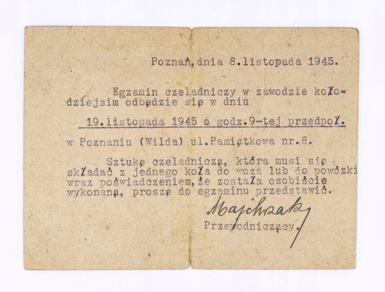 STARY LIST, EGZAMIN CZELADNICZY BUDOWA KOŁA, POZNAŃ / WIRY / KOMORNIKI 1945