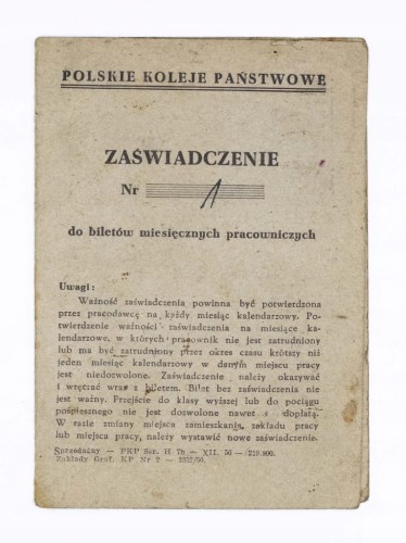 KSIĄŻECZKA BILETOWA PRACOWNIKÓW KOLEI PKP, WIRY (GMINA PUSZCZYKOWO) 1953