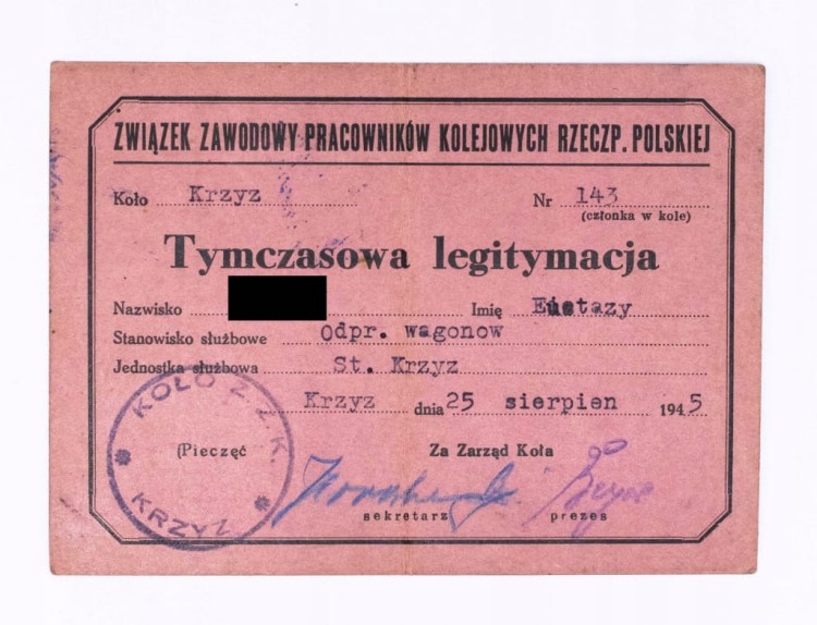LEGITYMACJA ZWIĄZEK ZAWODOWY PRACOWNIKÓW KOLEJOWYCH, KRZYŻ 1945