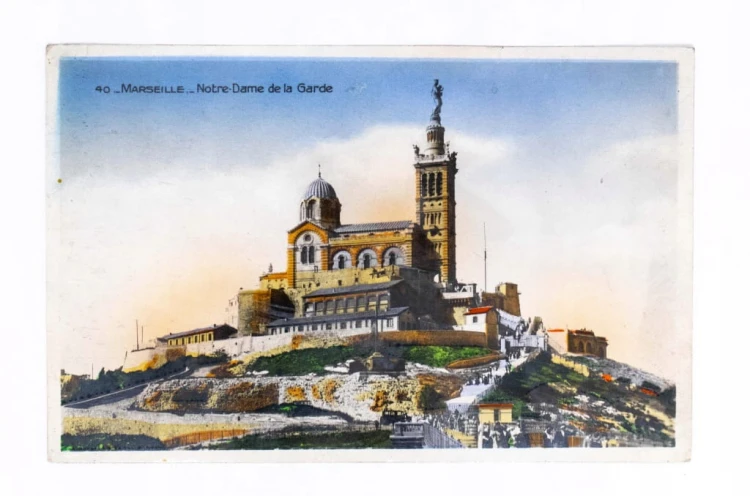 STARA POCZTÓWKA - MARSYLIA, BAZYLIKA NOTRE-DAME DE LA GARDE, FRANCJA 1942