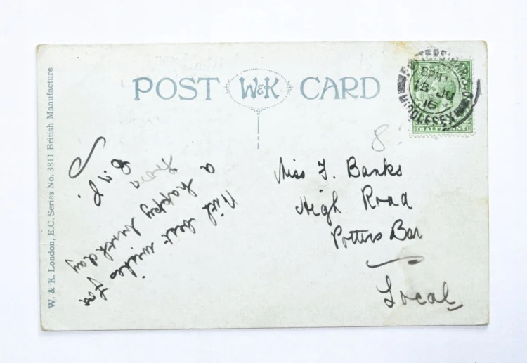 STARA POCZTÓWKA URODZINOWA - KRAJOBRAZ WIEJSKI Z KROWAMI, LONDYN 1916