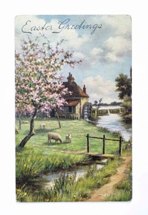STARA POCZTÓWKA WIELKANOCNA - MŁYN WODNY, OWCE, ANGLIA l. 20/30
