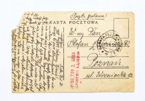 STARA POCZTÓWKA - PIŁSUDSKI W OKOPACH, POCZTA POLOWA, LIDA / POZNAŃ 1921