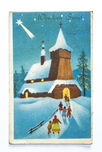 STARA POCZTÓWKA BOŻONARODZENIOWA - JĘZYCE K. SŁAWNA / WROCŁAW / POZNAŃ 1959