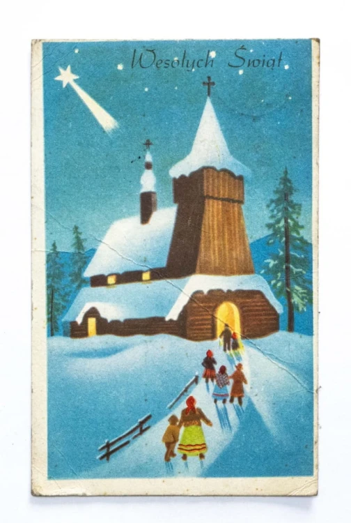 STARA POCZTÓWKA BOŻONARODZENIOWA - JĘZYCE K. SŁAWNA / WROCŁAW / POZNAŃ 1959