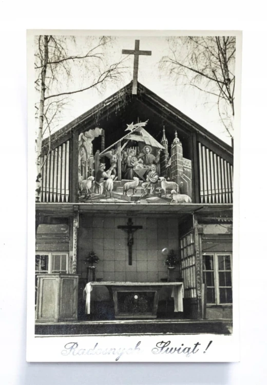 STARA POCZTÓWKA BOŻONARODZENIOWA - OŁTARZ Z SZOPKĄ l. 50/60