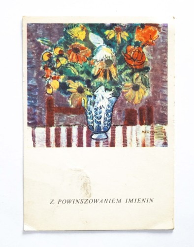 STARA POCZTÓWKA IMIENINOWA - BUKIET KWIATÓW, HENRYK KRYCH l. 60