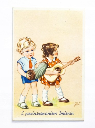 STARA POCZTÓWKA IMIENINOWA - DZIEWCZYNKI Z INSTRUMENTAMI l. 50