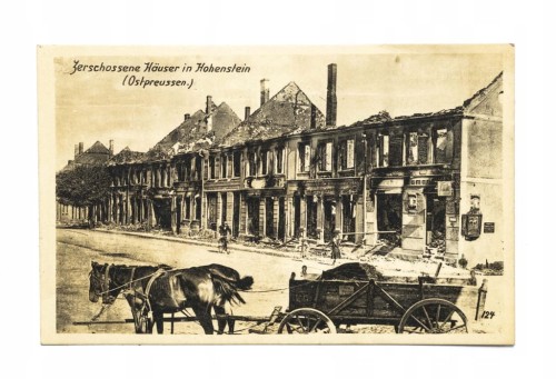 OLSZTYNEK - ZNISZCZONE DOMY PODCZAS I WŚ, WÓZ KONNY, JANIKOWO / POZNAŃ 1916
