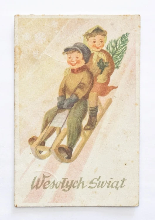 STARA POCZTÓWKA BOŻONARODZENIOWA - DZIECI NA SANKACH, WÓLKA l. 50