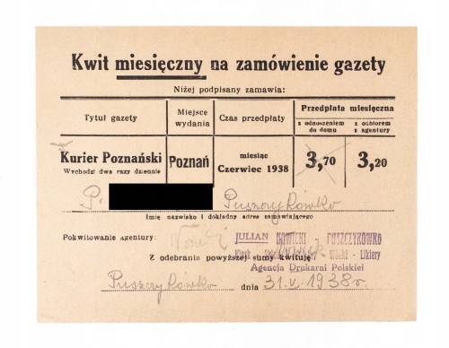 KWIT GAZETY KURIER POZNAŃSKI - KOLONIALKA JULIAN NOWICKI, PUSZCZYKÓWKO 1938