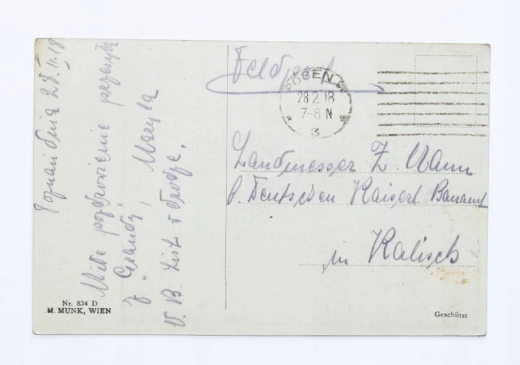 POCZTÓWKA ZAKOCHANA PARA, FELDPOST, POZNAŃ / URZĄD BUDOWLANY KALISZ 1918