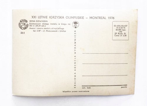 STARA POCZTÓWKA - IRENA SZEWIŃSKA, IGRZYSKA OLIMPIJSKIE, MONTREAL 1976