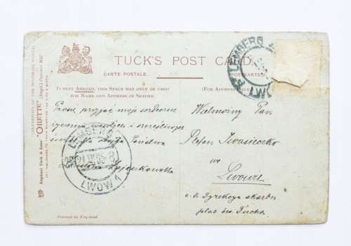 STARA POCZTÓWKA - SAMOCHÓD PRZED PAŁACEM, LWÓW 1905