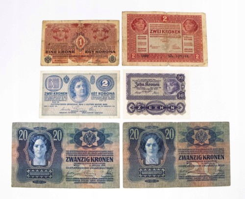 Austria, zestaw 6 banknotów 1913-1922