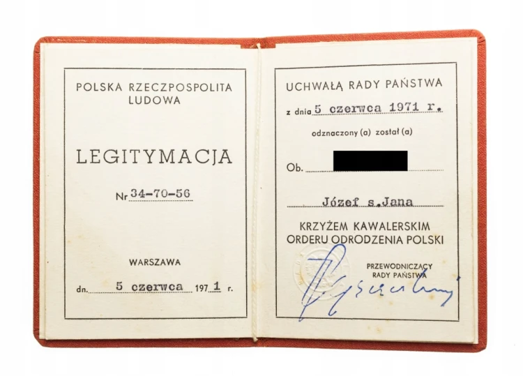 Polska, PRL, Krzyż Kawalerski Orderu Odrodzenia Polski z legitymacją