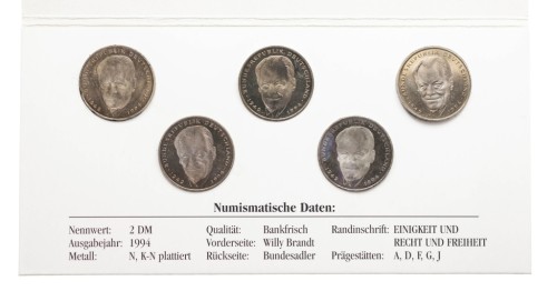 Niemcy, zestaw 5 monet 2 marki 1994, Willy Brandt (wszystkie mennice)