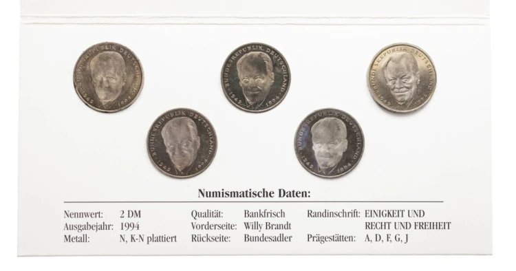 Niemcy, zestaw 5 monet 2 marki 1994, Willy Brandt (wszystkie mennice)