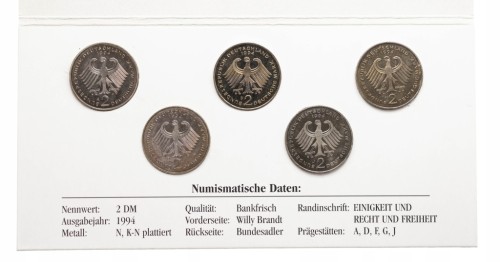 Niemcy, zestaw 5 monet 2 marki 1994, Willy Brandt (wszystkie mennice)
