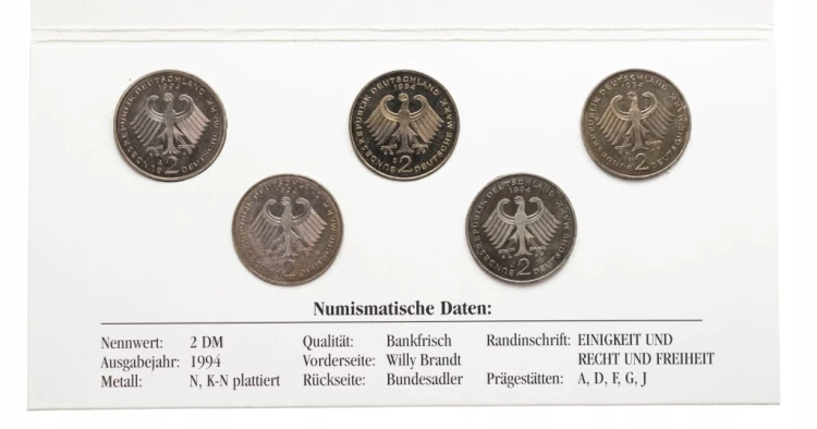Niemcy, zestaw 5 monet 2 marki 1994, Willy Brandt (wszystkie mennice)