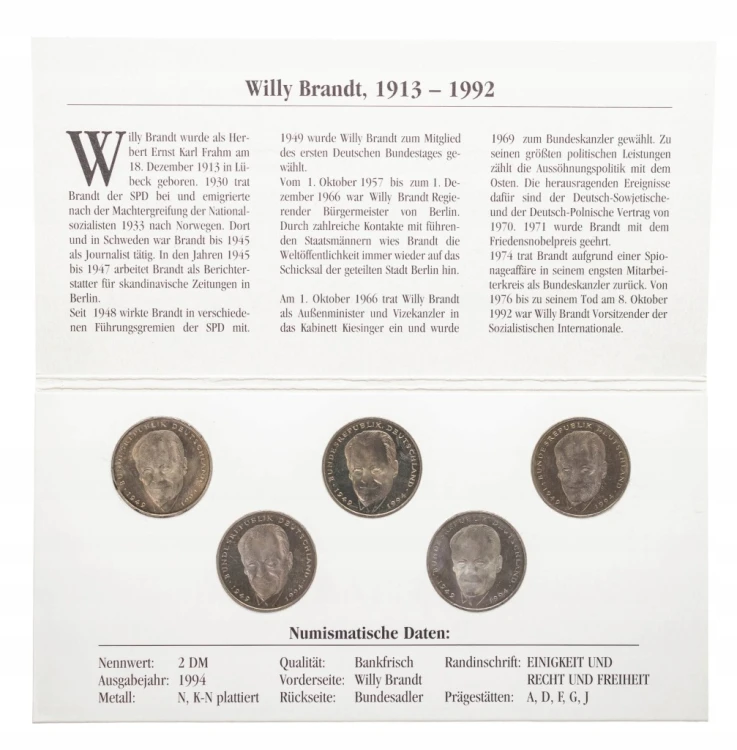 Niemcy, zestaw 5 monet 2 marki 1994, Willy Brandt (wszystkie mennice)