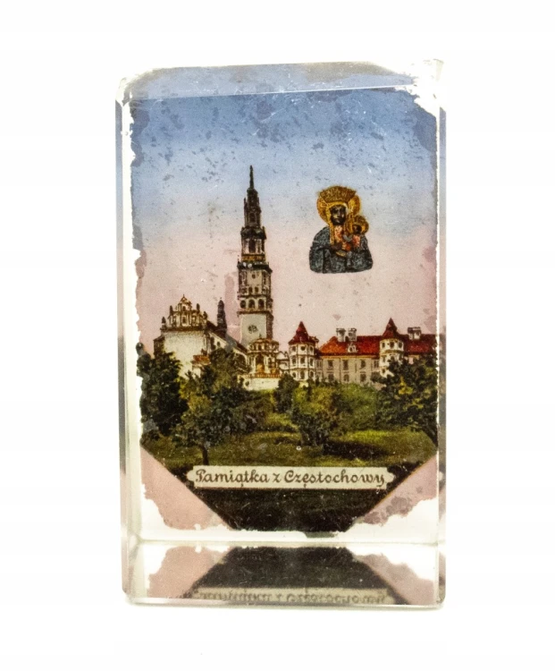 STARY SZKLANY PRZYCISK DO PAPIERU, JASNA GÓRA CZĘSTOCHOWA POCZ. XX W.