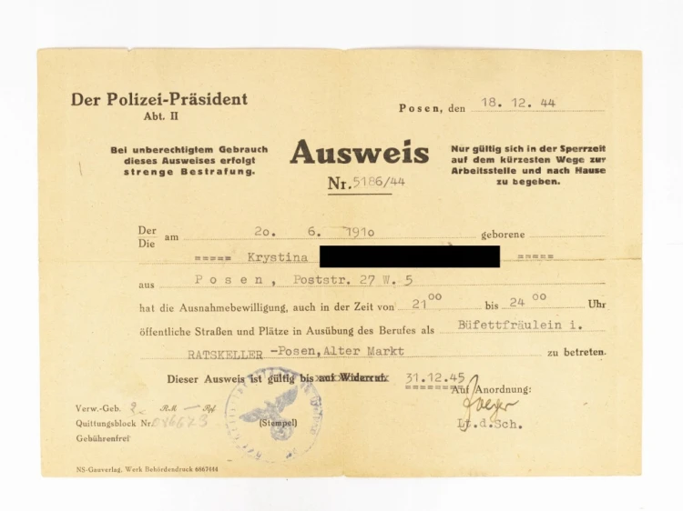 ZEZWOLENIE NA PORUSZANIE SIĘ W CZASIE GODZIN POLICYJNYCH, POZNAŃ 1944